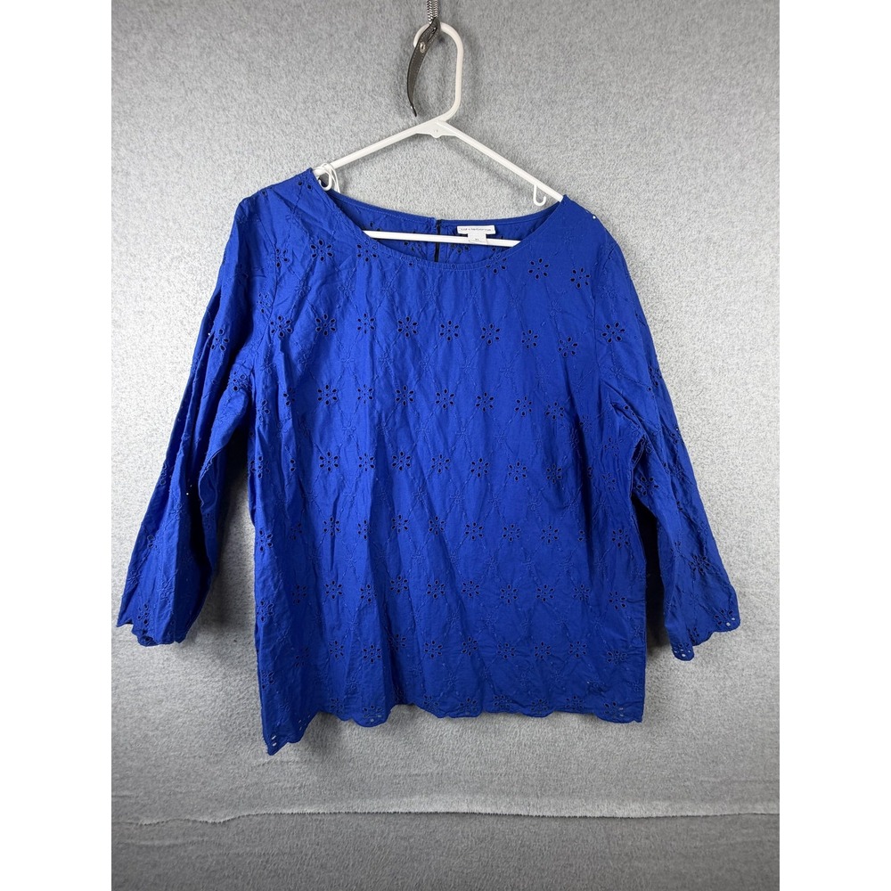Liz Claiborne Blouse Womens XL Blue Eyelet‎ Embroidered Long Sleeve Top Boho